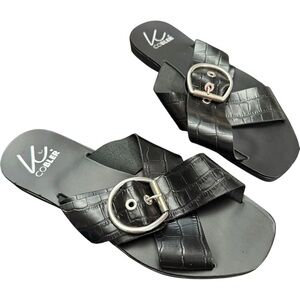 K Cobler Italian Black‎ Leather / Silver Buckle Flat Sandals Size 39 / 8.5